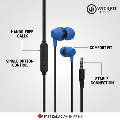 Wicked Audio Hiro wired earbuds feature graphic with callouts: Hands-Free Calls, Single-Button Control, Comfort Fit, Stable Connection.