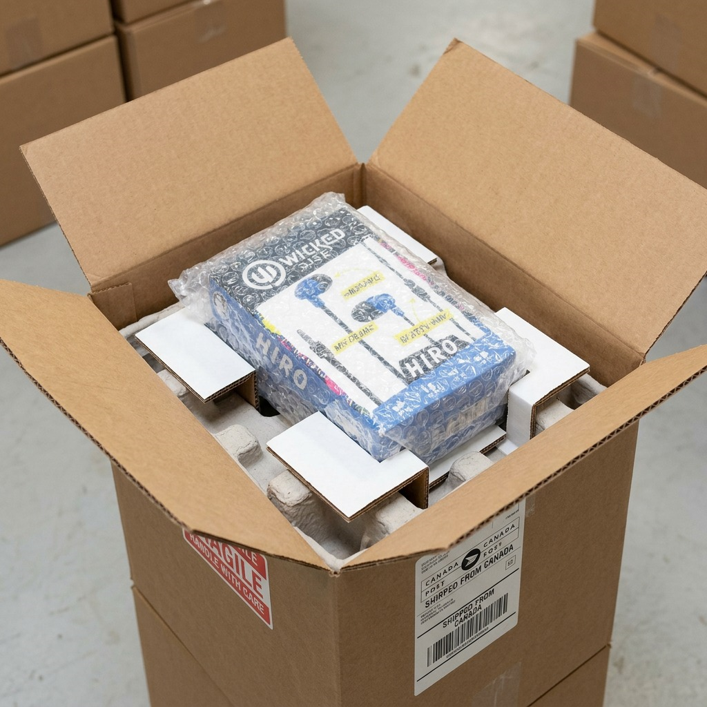 A top-down photograph showing a Wicked Audio Hiro Earbud w/ Mic box in protective bubble-wrap within a shipping container.