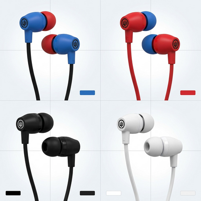 A clean grid presentation showcasing the Wicked Audio Hiro Earbud (Blue, MPN: WI1751) and its available, distinct color variants.