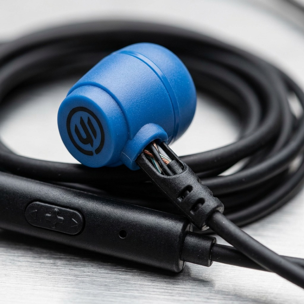 Macro photo isolating textures and strain relief on the Wicked Audio Hiro blue earbud.