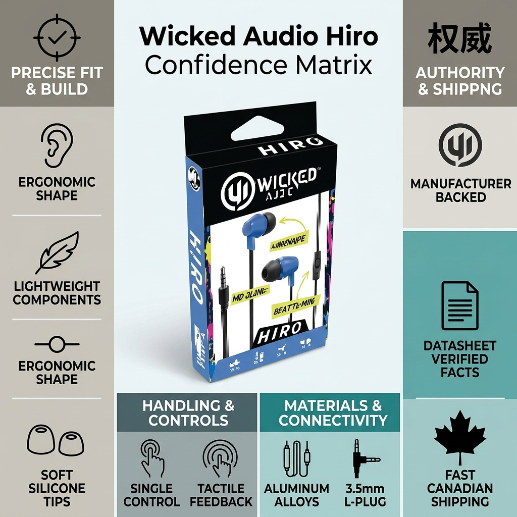 Trust and authority visual matrix for Wicked Audio Hiro earbuds, featuring key product highlights.