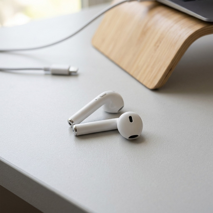 Lifestyle image showing a single pair of white Wicked Audio Driftr true wireless earbuds resting on a textured light grey desk surface under natural light.