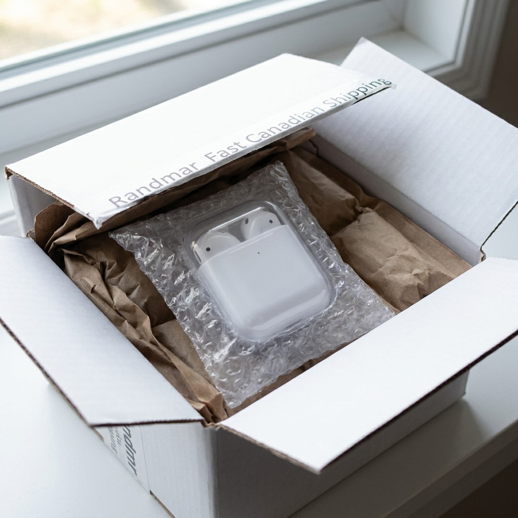 A close-up of Wicked Audio Driftr white earbuds in secure packaging with an opened delivery box.