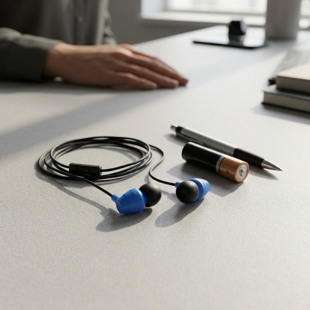 Scale reference photo: blue Wicked Audio EX2300 earbuds on a desk beside a standard AA battery.
