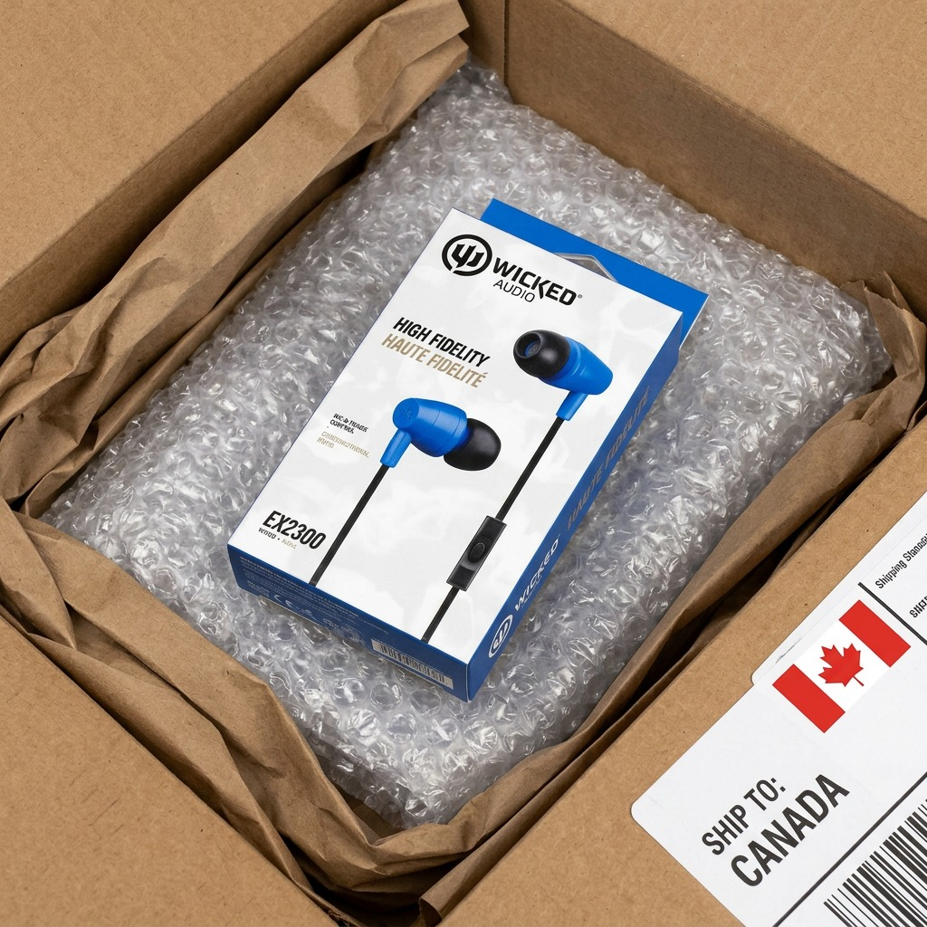 A realistic visual depicting a Wicked Audio EX2300 earbud box within a protective shipping container with bubble wrap for safe delivery.