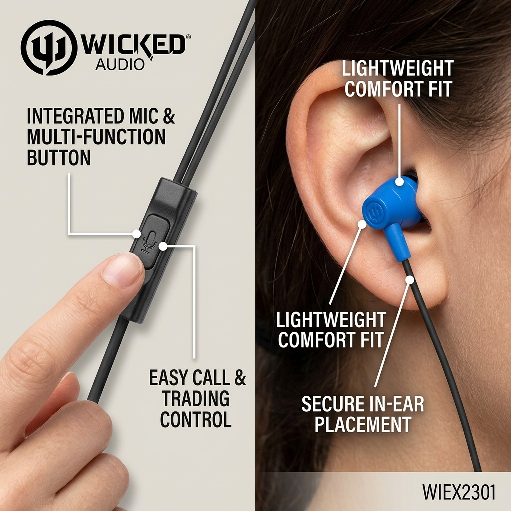A clean ecommerce feature callout image showing the Wicked Audio EX2300 earbuds' functional features with short, factual text and pointer lines, referencing the correct product components from image_0.png.