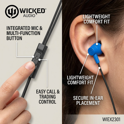 A clean ecommerce feature callout image showing the Wicked Audio EX2300 earbuds' functional features with short, factual text and pointer lines, referencing the correct product components from image_0.png.