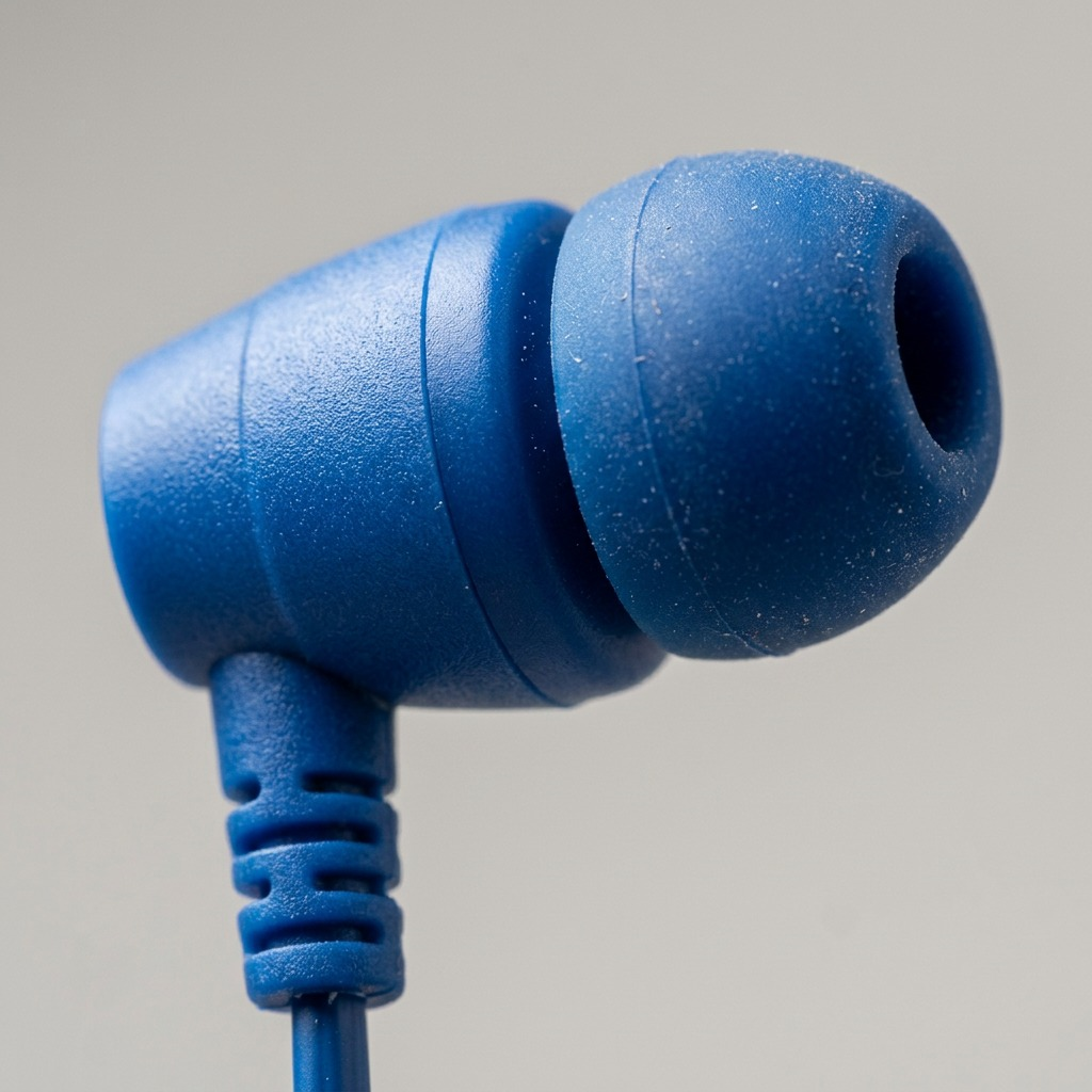 Macro photo of the matte blue plastic earpiece and black coiled cable strain relief.