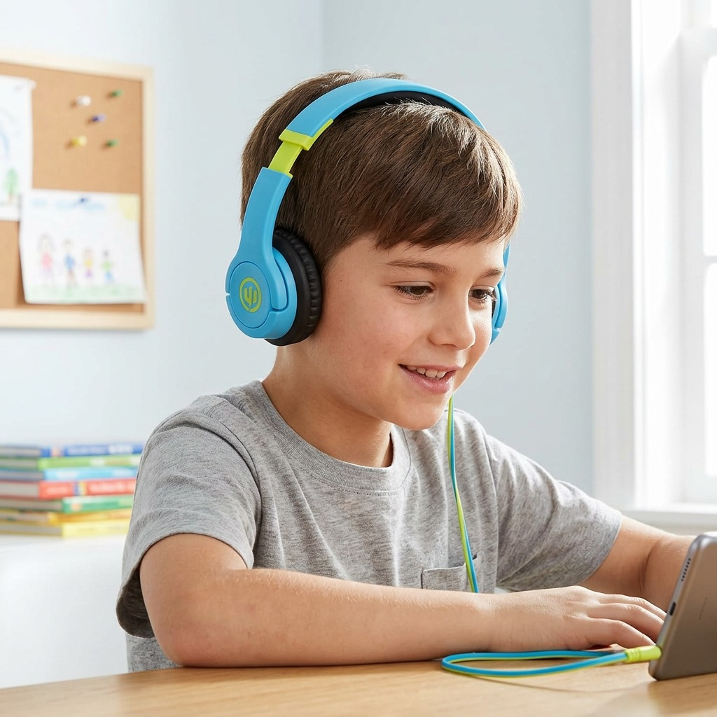 A young boy happily is sitting and wearing the sky blue and lime green Wicked Audio Rad Rascal headphones, which are connected by their audio cable to an out-of-frame device.