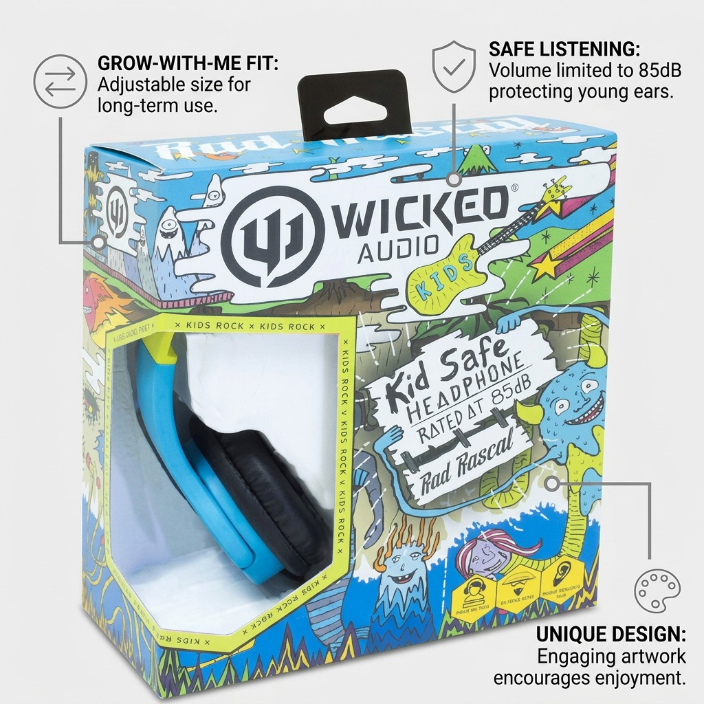 A clean product image of the Wicked Audio Rad Rascal headphone box with feature callout lines for '85dB Volume Limit', 'Adjustable Fit', and 'Unique Packaging Art'.