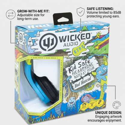 A clean product image of the Wicked Audio Rad Rascal headphone box with feature callout lines for '85dB Volume Limit', 'Adjustable Fit', and 'Unique Packaging Art'.