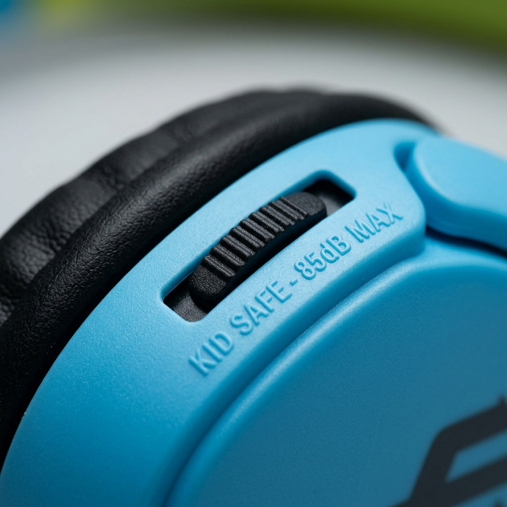Macro detail of the volume control slider on the headphones, showing material texture and 'KID SAFE' text.