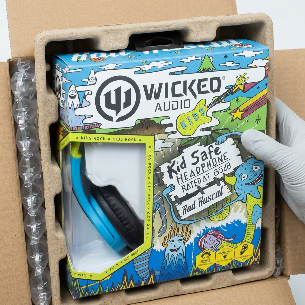 A premium close-up view showing the Wicked Audio Rad Rascal headphone box securely nestled within custom-molded protective air cushions inside a durable corrugated cardboard shipping case, ensuring damage-free delivery.