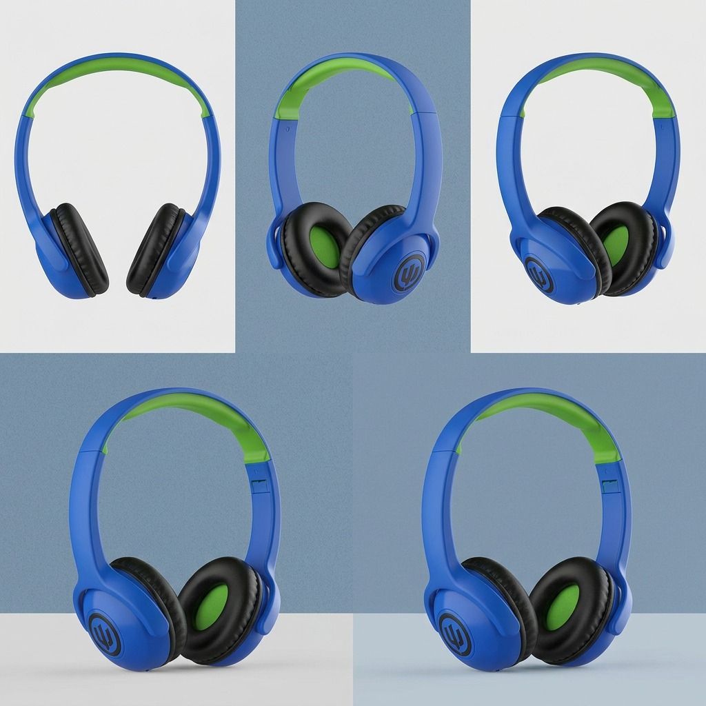 A high-resolution visual matrix menampilkan headphone Wicked Audio Tricky Tike Hero Blue dari lima sudut pandang yang berbeda.