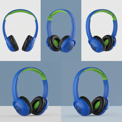 A high-resolution visual matrix menampilkan headphone Wicked Audio Tricky Tike Hero Blue dari lima sudut pandang yang berbeda.