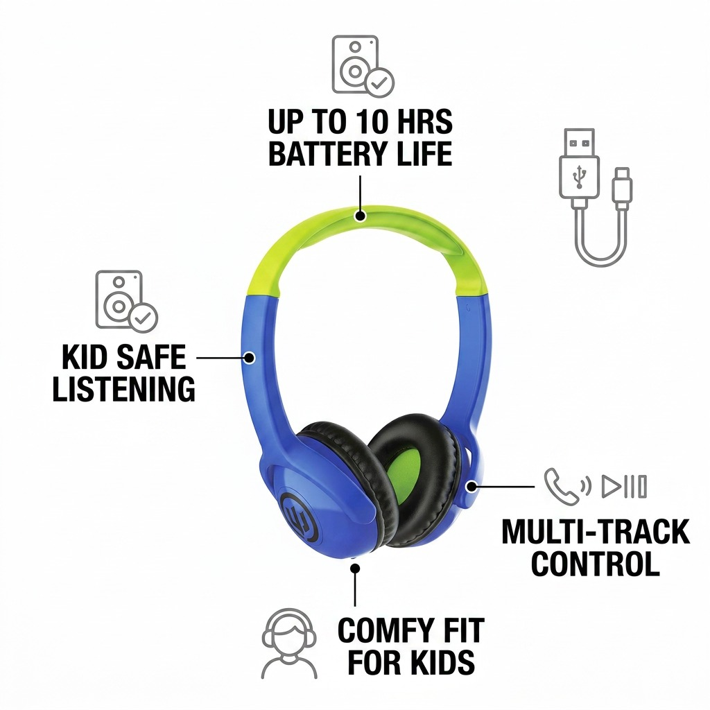 Operational feature graphic for Wicked Audio Tricky Tike Hero Blue headphones, highlighting long battery life.