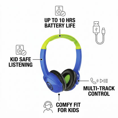 Operational feature graphic for Wicked Audio Tricky Tike Hero Blue headphones, highlighting long battery life.