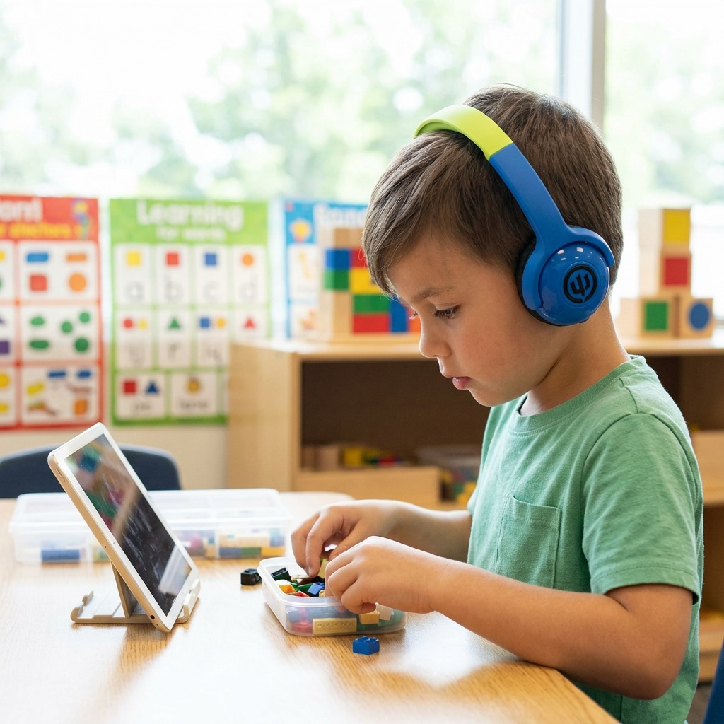 Lifestyle shot: A child wearing Wicked Audio Tricky Tike blue/green headphones in a classroom.