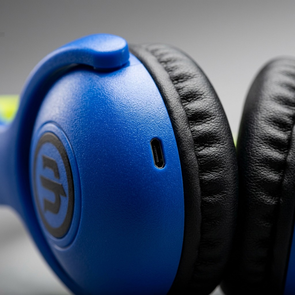 Extreme close-up of a blue headphone ear cup with a black ear pad and a Wicked Audio logo.