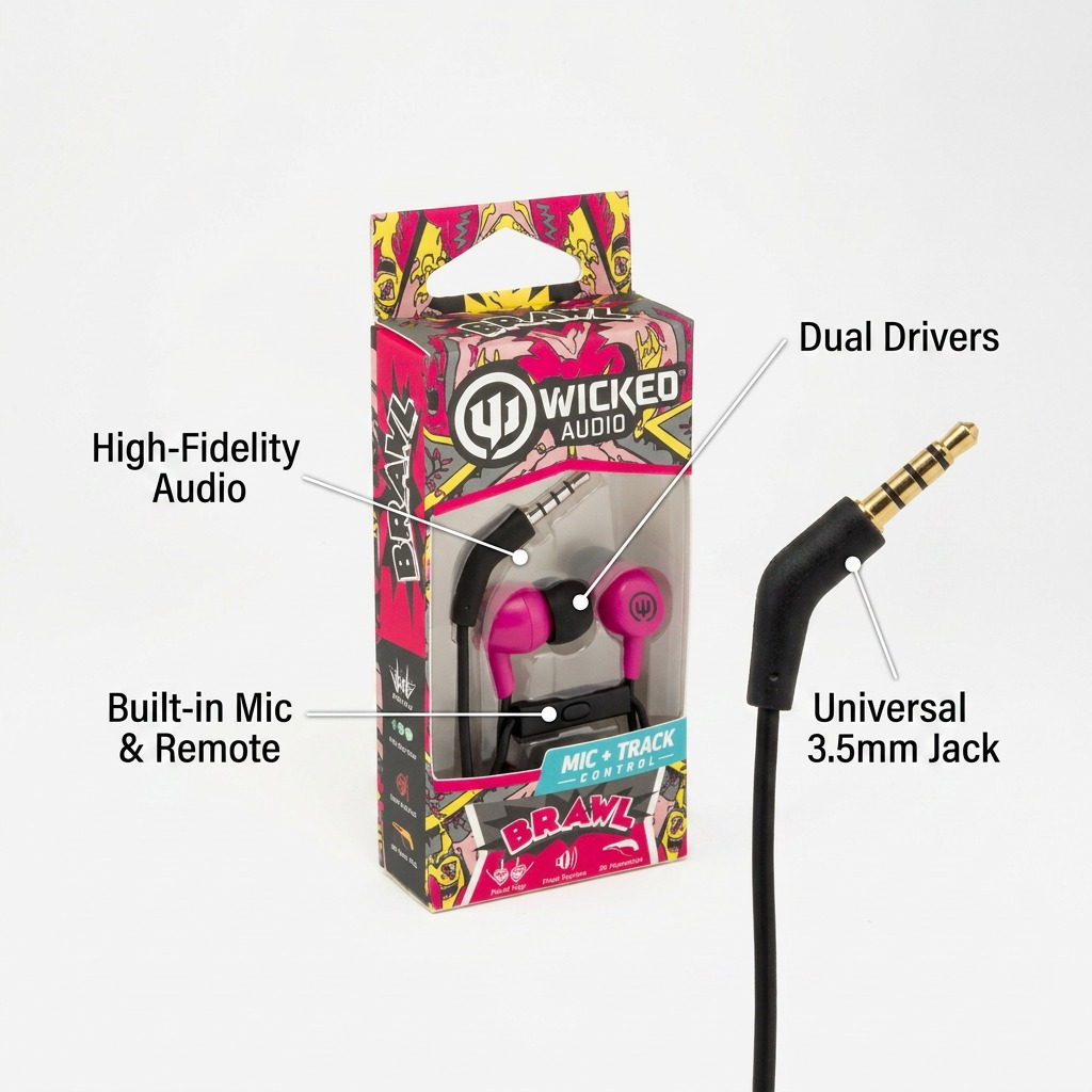 A clean graphic isolating the Wicked Audio Brawl earphones, with labels pointing to the mic and track controls.