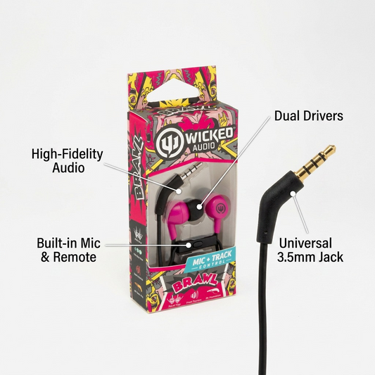 A clean graphic isolating the Wicked Audio Brawl earphones, with labels pointing to the mic and track controls.