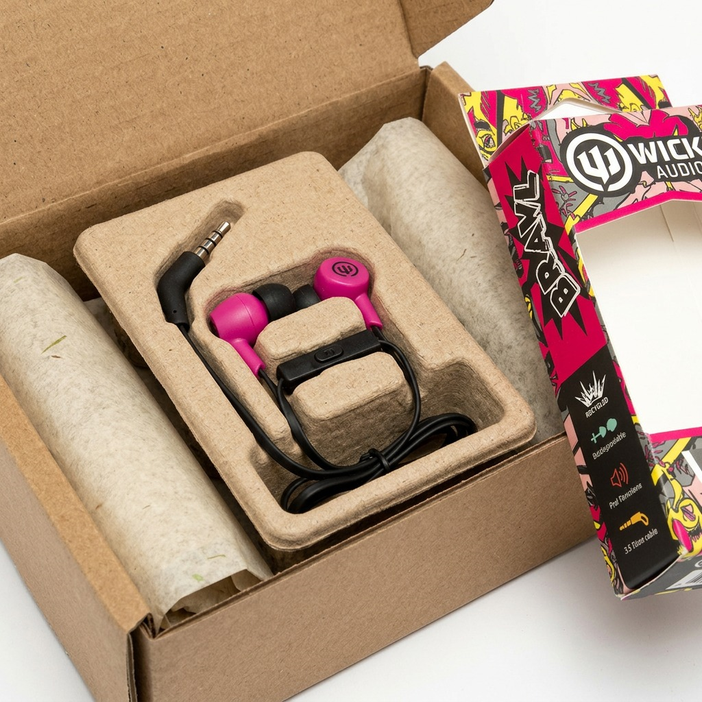 Close-up of Wicked Audio BRAWL earbuds with pink accents carefully nestled in secure cardboard packaging.