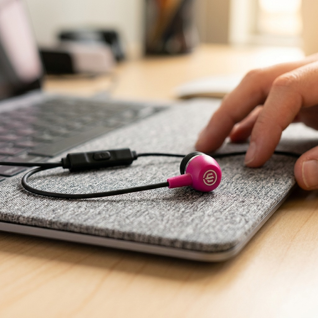 A close-up photograph of one pink Wicked Audio Brawl earbud with a black cord and microphone resting on a grey fabric laptop surface.