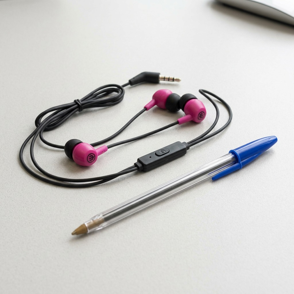 A scale reference image of the Wicked Audio (WI1355) Brawl Pink Punch earbuds shown on a desk next to a widely recognized standard ballpoint pen for size comparison.