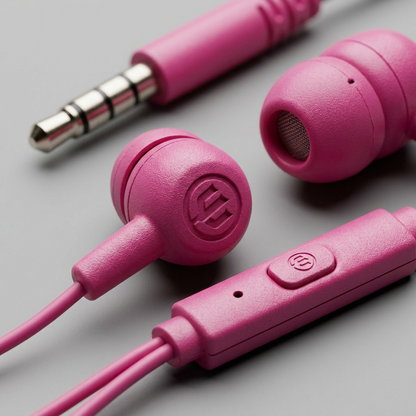 Extreme macro close-up of pink Wicked Audio Brawl earbud's tactile texture and connector.