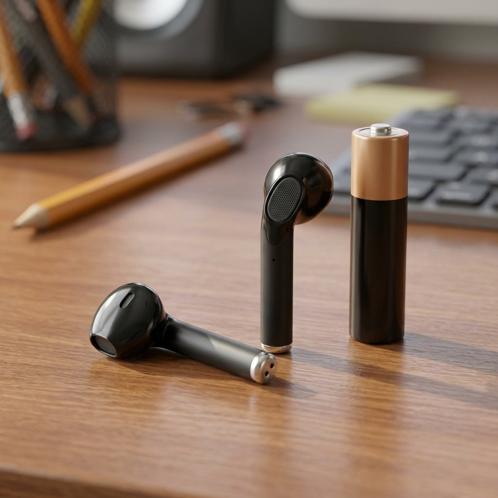 Wicked Audio Driftr TWS black earbuds resting on a wooden desk next to a standard AA battery for scale.