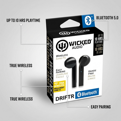 A PDP operational feature graphic for Wicked Audio Driftr TWS Black (MPN: WITW2150), highlighting key specs like 10 hours of playtime, Bluetooth connectivity, and easy pairing over a background of its actual packaging.