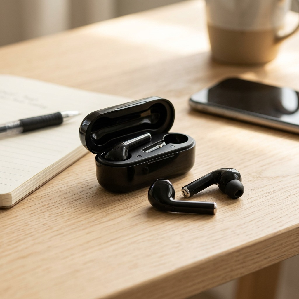 A close-up photograph of the Wicked Audio Driftr True Wireless black earbuds, shown resting in their open charging case on a natural wood surface during a casual work break.