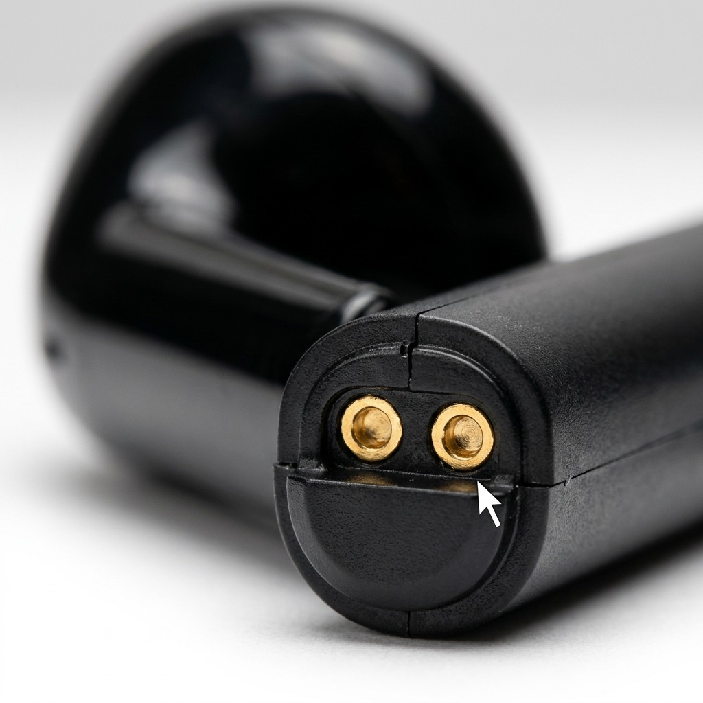 Macro of gold-plated charging pins and base of Wicked Audio Driftr earbud, showing precise construction.