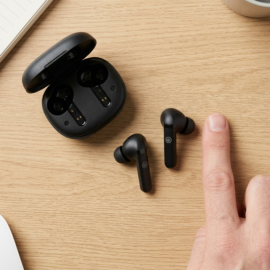 A top-down view of the black Wicked Audio Mojo 500 earbuds and case next to the tip of an index finger.