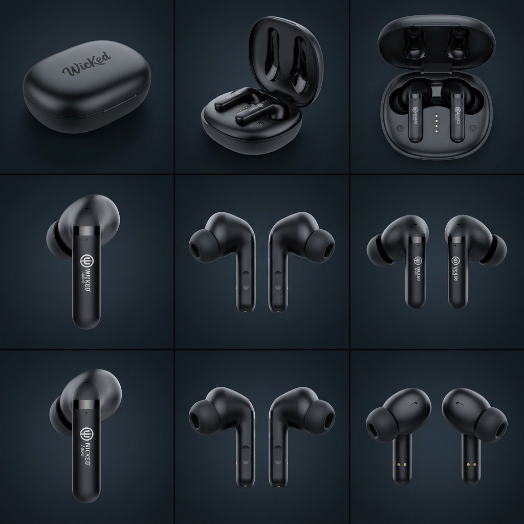 A 3x2 grid showing six different perspectives of the single, black Wicked Audio Mojo 500 earbuds and case.