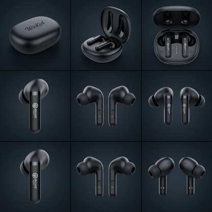 A 3x2 grid showing six different perspectives of the single, black Wicked Audio Mojo 500 earbuds and case.