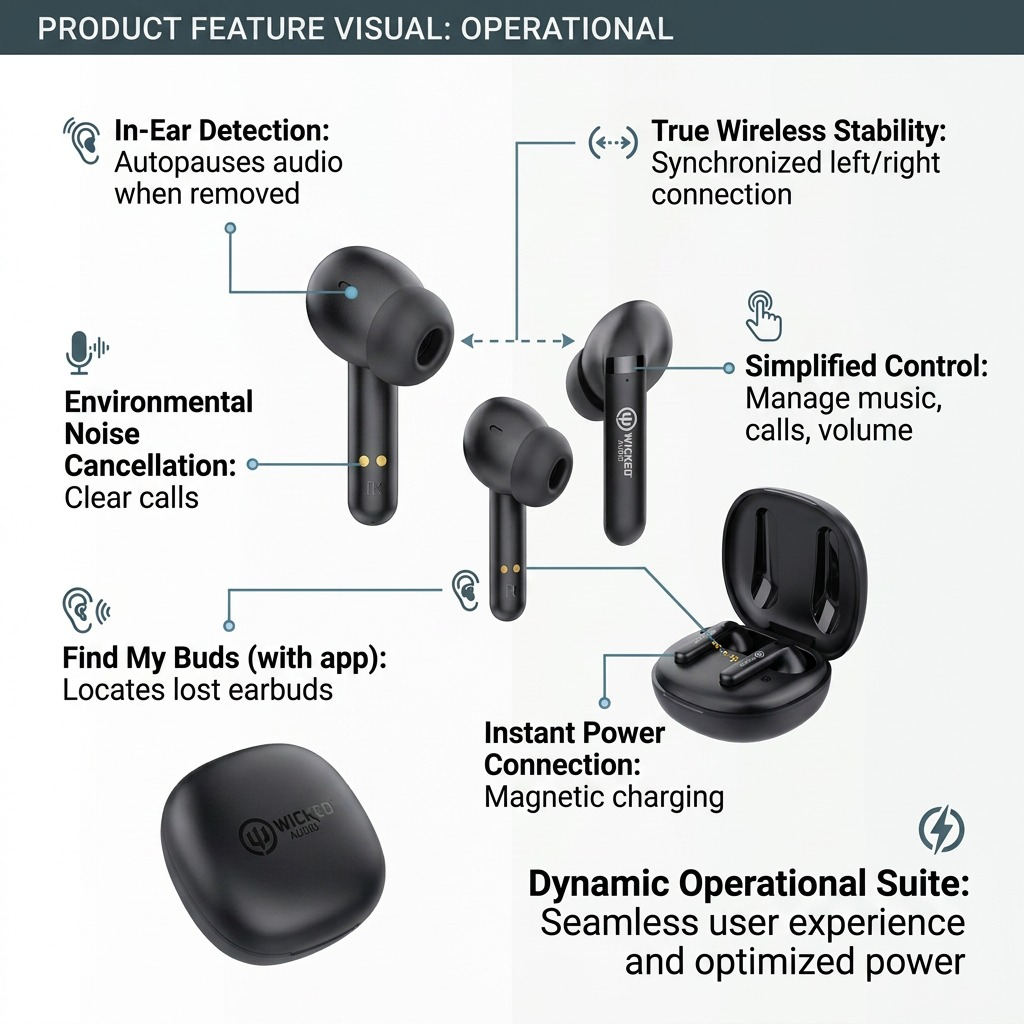 Ecommerce graphic showing Mojo 500 earbuds with callouts for in-ear detection, clear calls, and magnetic charging.
