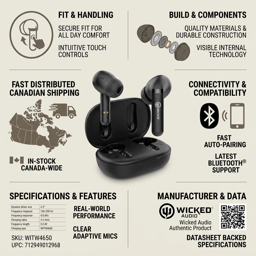 Wicked Audio MoJo 500 TWS Black earbuds infographic for e-commerce, showing trust and features.
