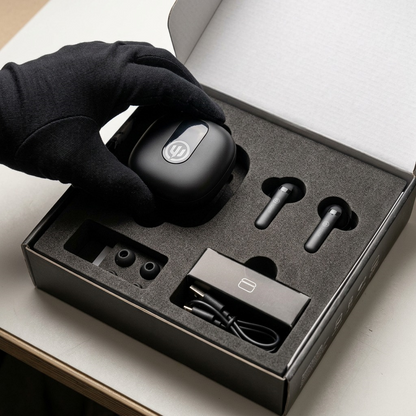 Wicked Audio Mojo 500 TWS Black unboxing, secure interior foam.