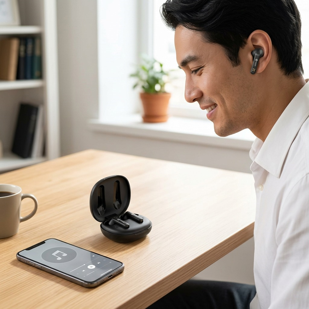 Lifestyle photo: person wearing Wicked Audio Mojo 500 earbuds and charging case on a wood desk.