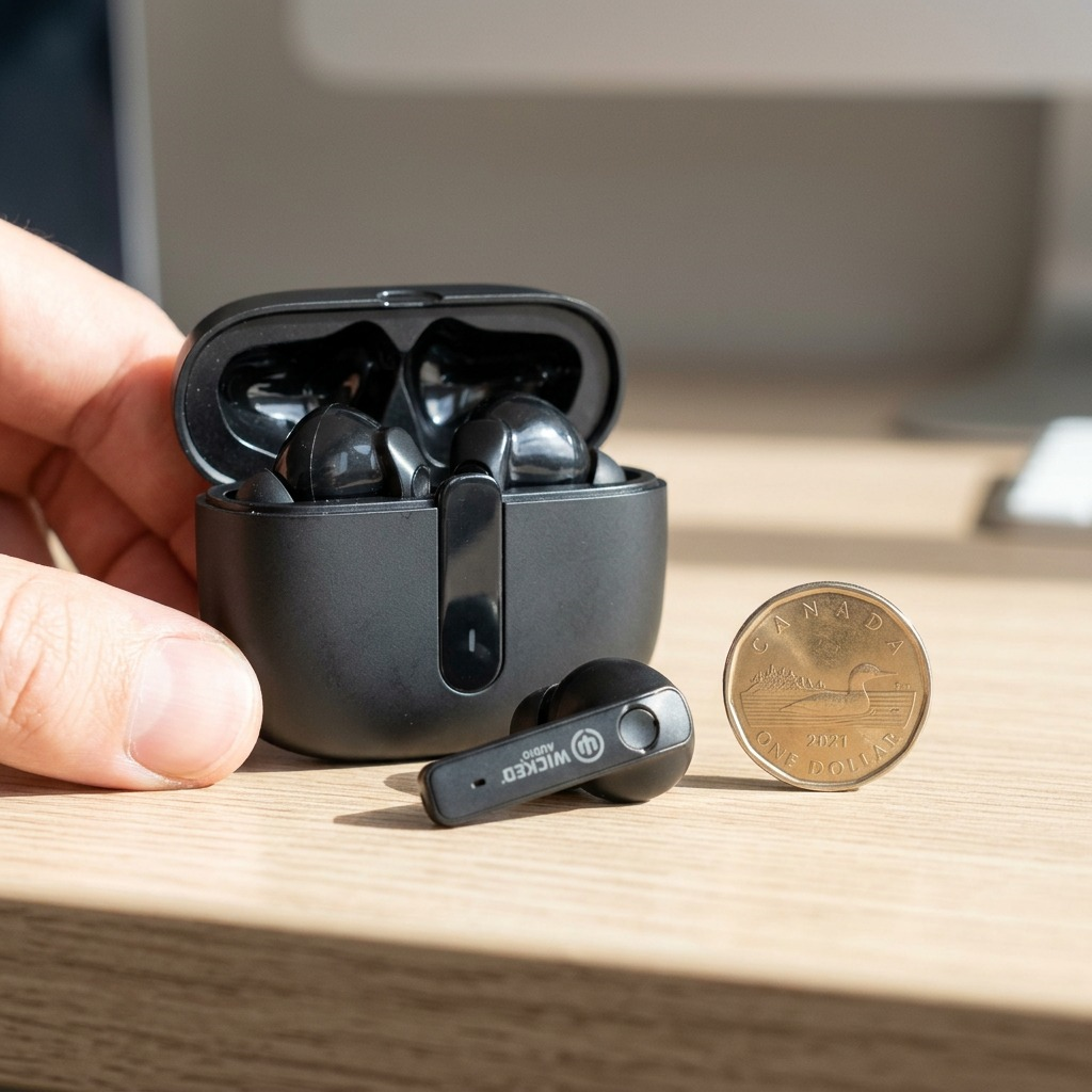 Scale reference photo: Wicked Audio Mojo 700 black earbuds and charging case sit next to a standard Canadian loonie coin.