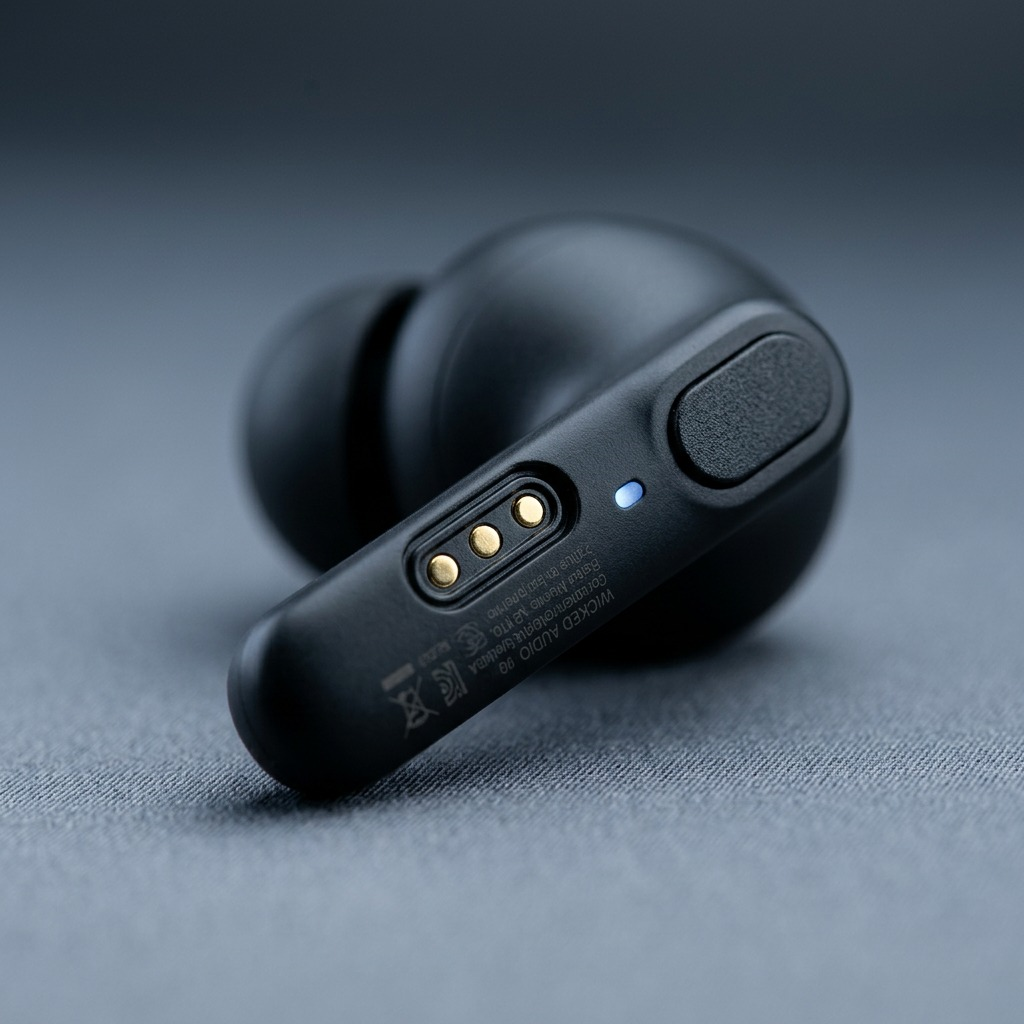 Extreme macro view of the Wicked Audio Mojo 700 earbud showing charging contacts and refined matte finish.