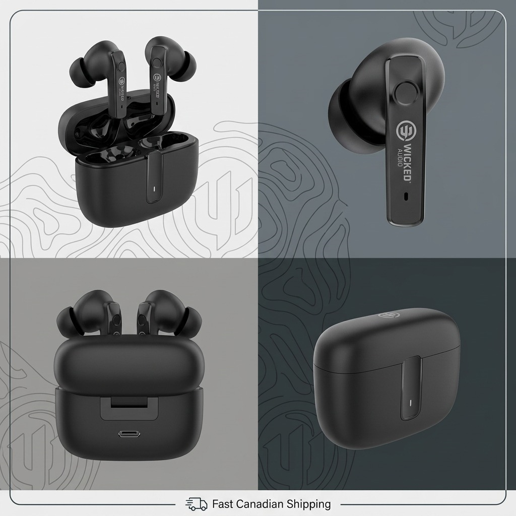 A PDP visual matrix for Wicked Audio Mojo 700 TWS, displaying four different angles of the black earbuds and their charging case.