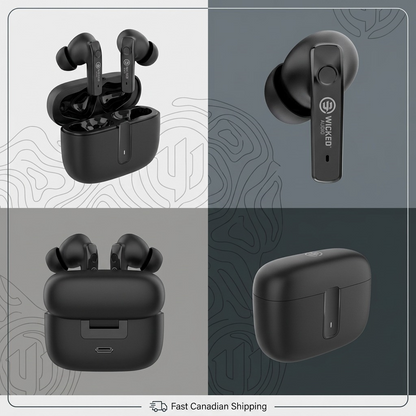 A PDP visual matrix for Wicked Audio Mojo 700 TWS, displaying four different angles of the black earbuds and their charging case.