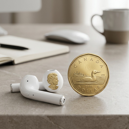 Realistic scale comparison: Wicked Audio Driftr TWS White earbuds beside a standard Canadian loonie.
