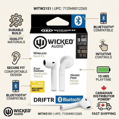Trust infographic with factual specs for Wicked Audio WITW2151 earbuds and packaging.
