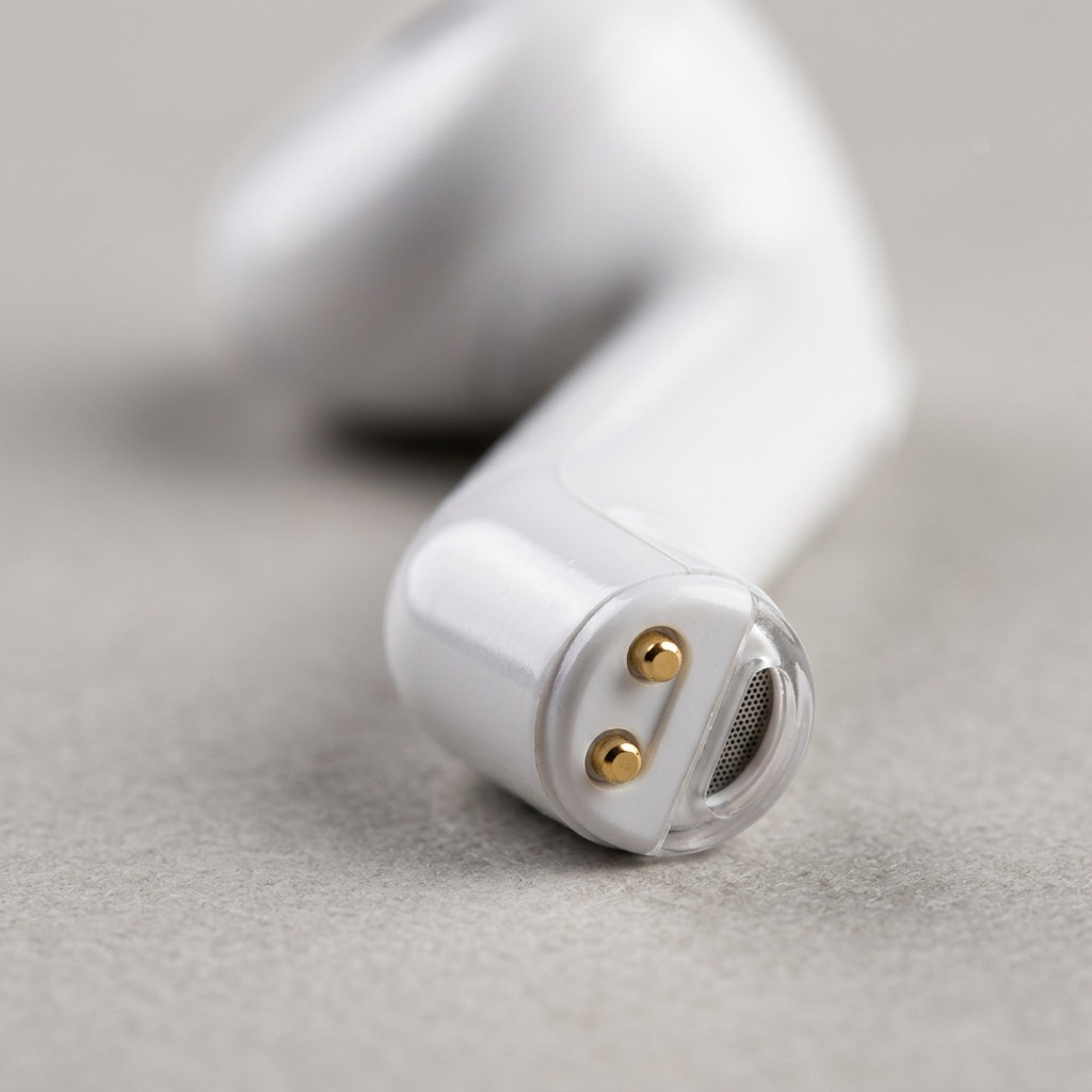 Macro photograph focusing on the seam, port, and pin texture of a single white Wicked Audio Driftr earbud.