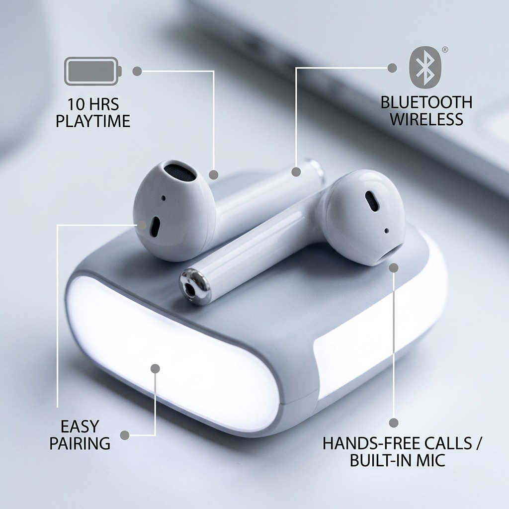 A feature graphic for Wicked Audio Driftr earbuds, highlighting battery life, wireless tech, easy pairing, and hands-free calls.