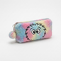 Bugatti Bondstreet Furry Face Pencil Case with rainbow tie-dye faux fur and embroidered character.