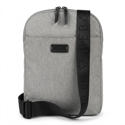 Bugatti Reborn Slim Crossbody bag in heather grey recycled fabric with black REBORN strap.